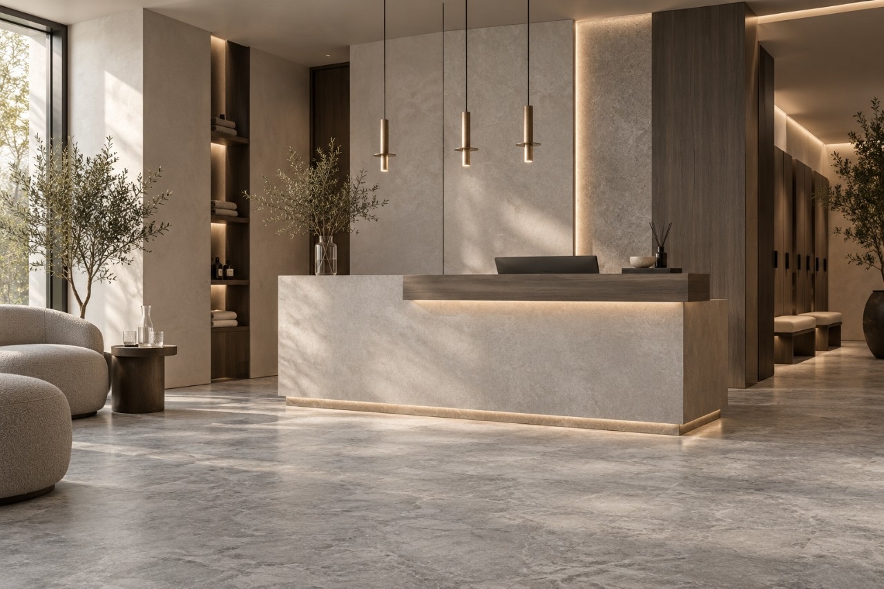 Современная зона ресепшена SPA-комплекса с каменной стойкой, мягкой подсветкой и серой кварц-виниловой плиткой под камень